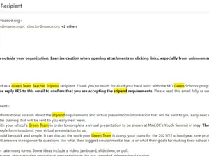 Green Team stipend award email 2021